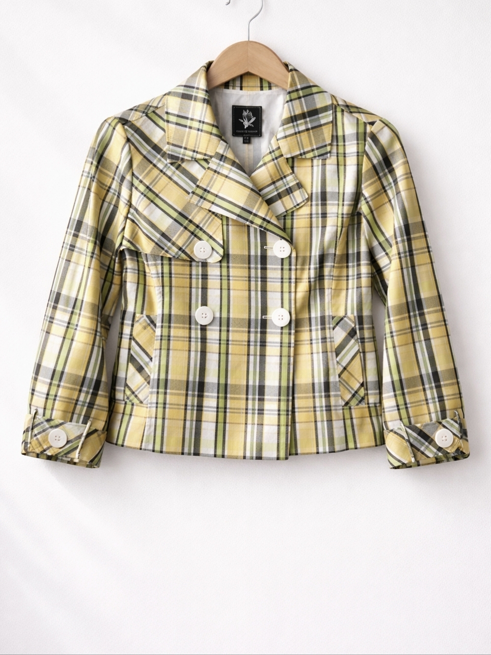 Abbie Mags~Women Yellow Plaid Peacoat Button Jacket~Spring~Double Breasted~MED
